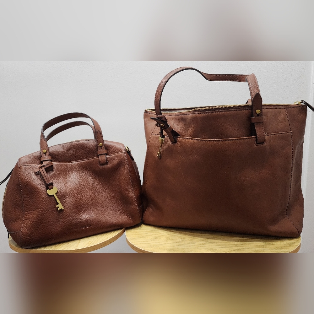FOSSIL Elegant Brown Leather Tote and Satchel Set